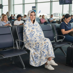 Hooded Travel Sherpa Blanket — Blue Botanical Fleece