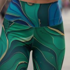 Squat-Proof High-Waisted Leggings-Green Blue Marble Print