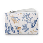 Blue & Gold Bird Pattern Clutch Bag — Botanical Winter Birds Wristlet
