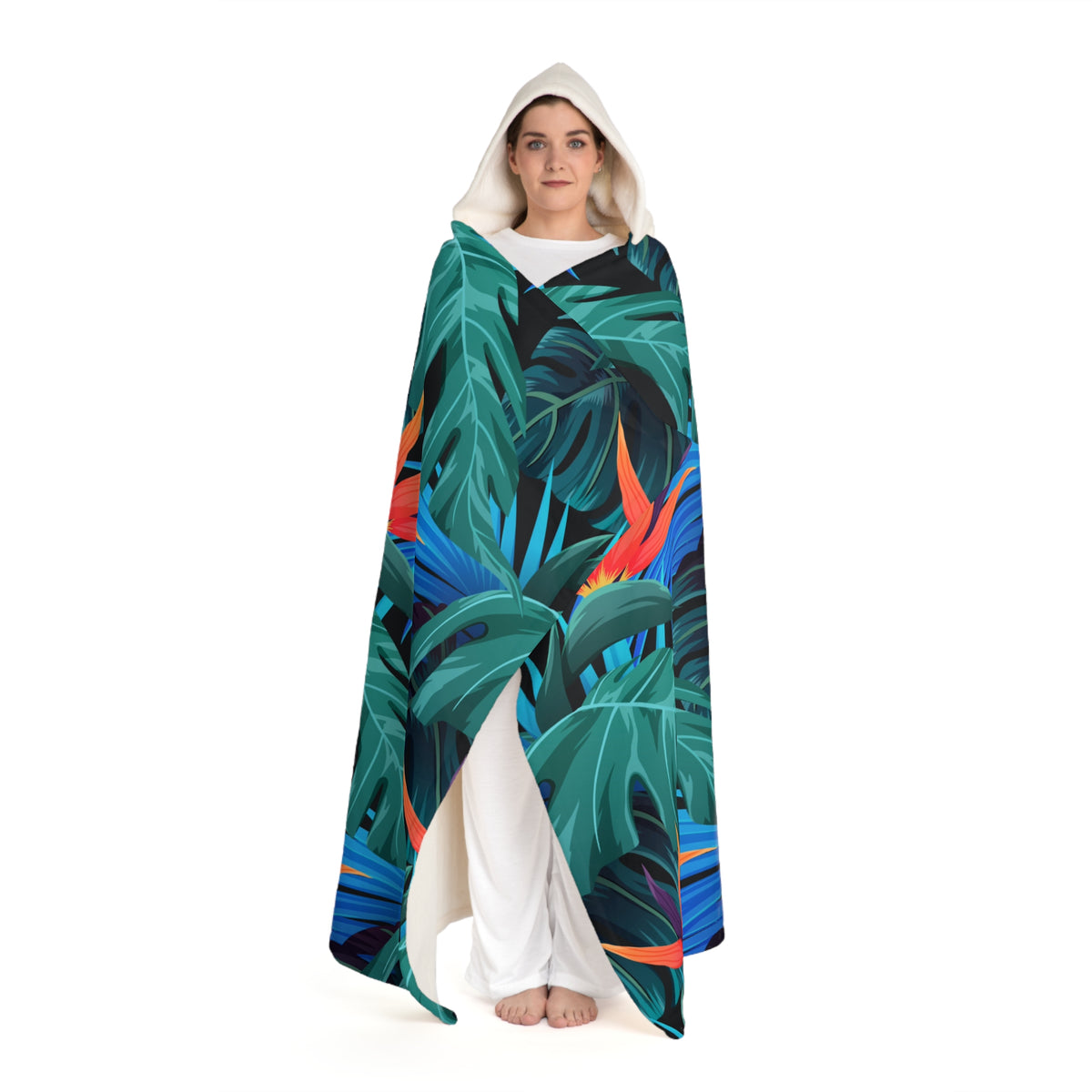 Tropical Leaf Hooded Sherpa Blanket — Cozy Botanical Fleece Throw