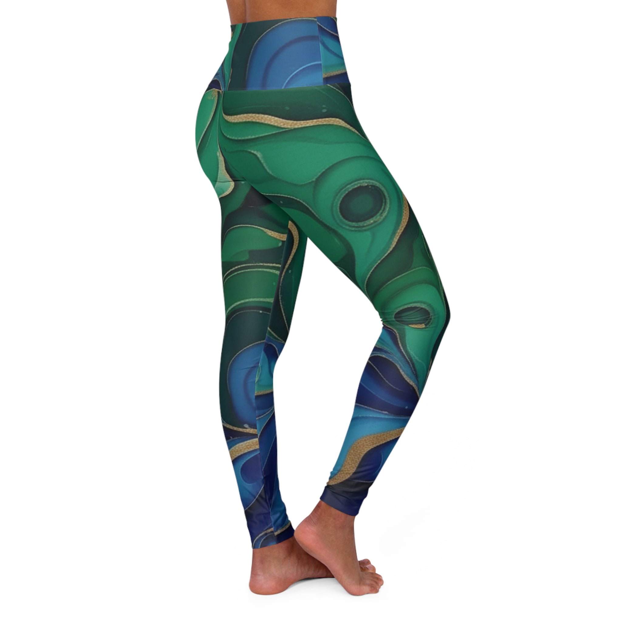 Squat-Proof High-Waisted Leggings-Green Blue Marble Print