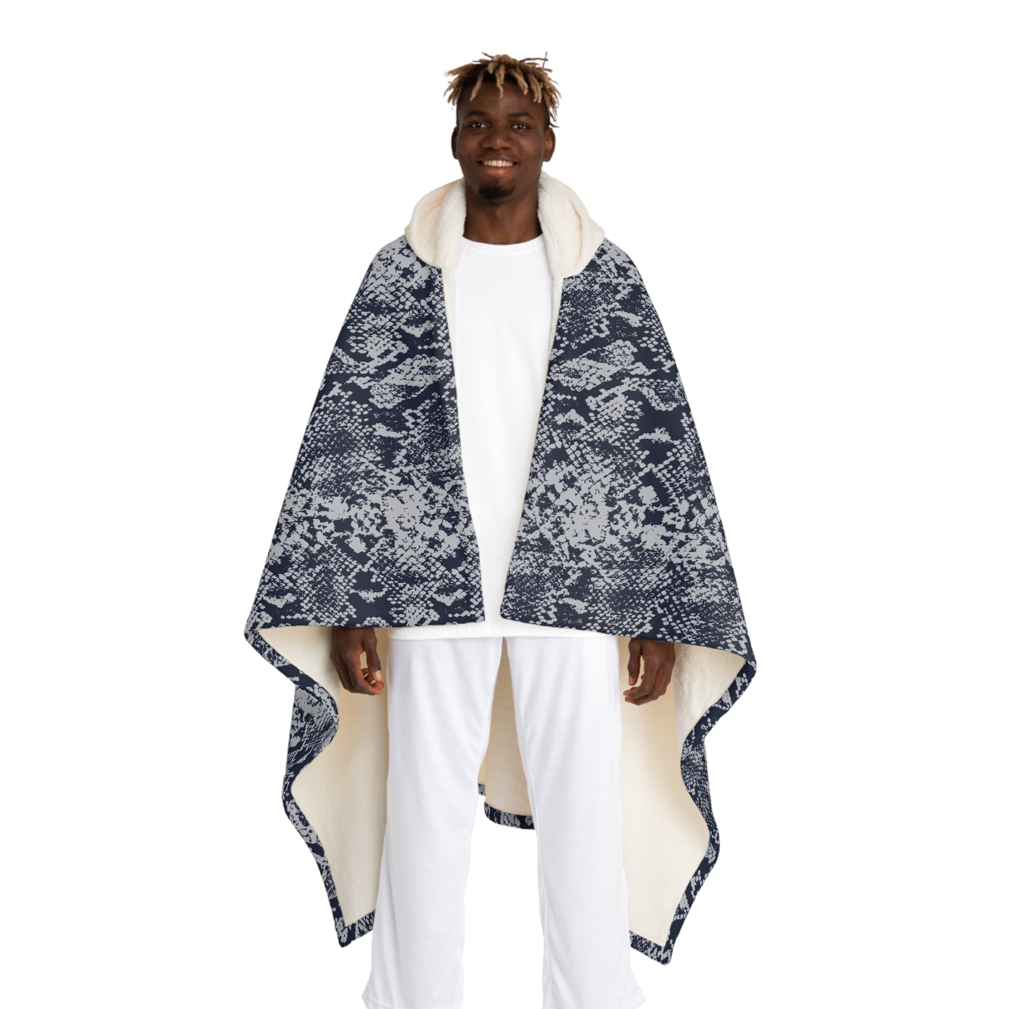 Hooded Sherpa Blanket – Cozy Navy Snake Print Fleece with Hooded Lining