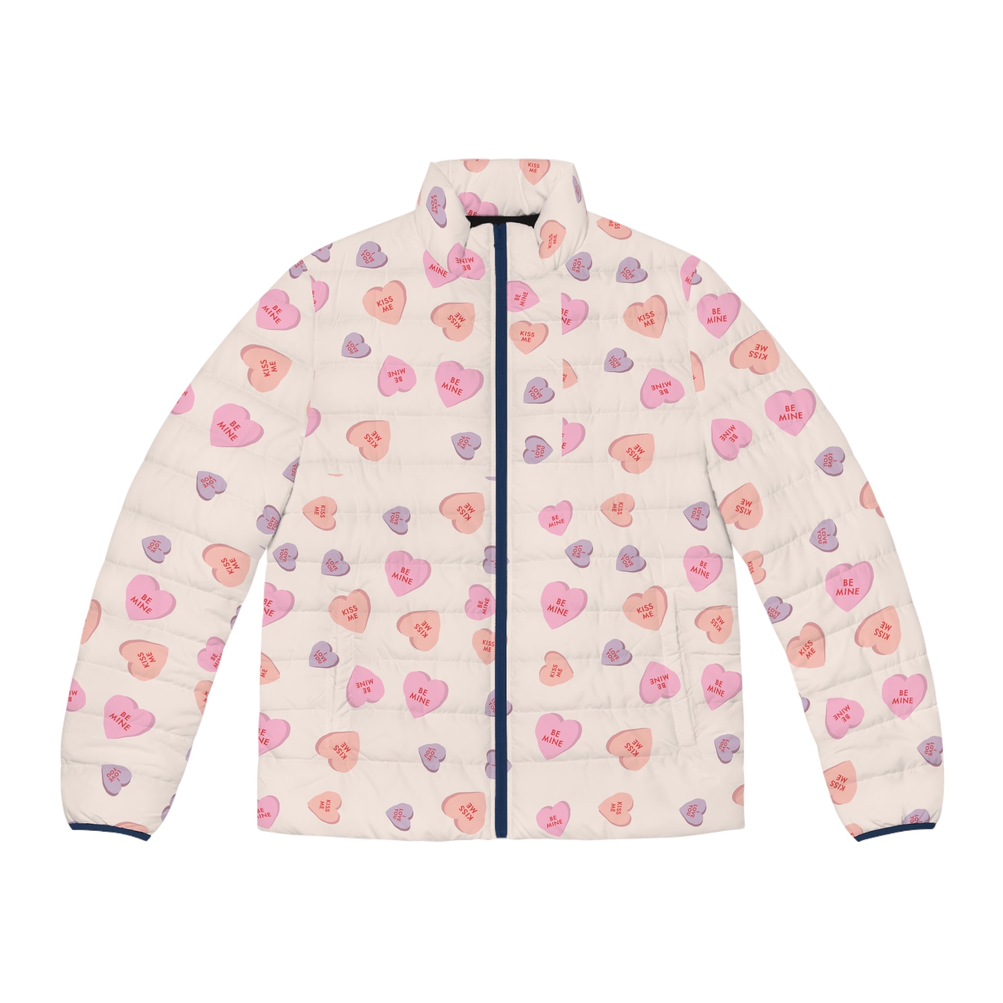 Valentines Heart Pattern Puffer Jacket — Pink Conversation Hearts All-Over Print