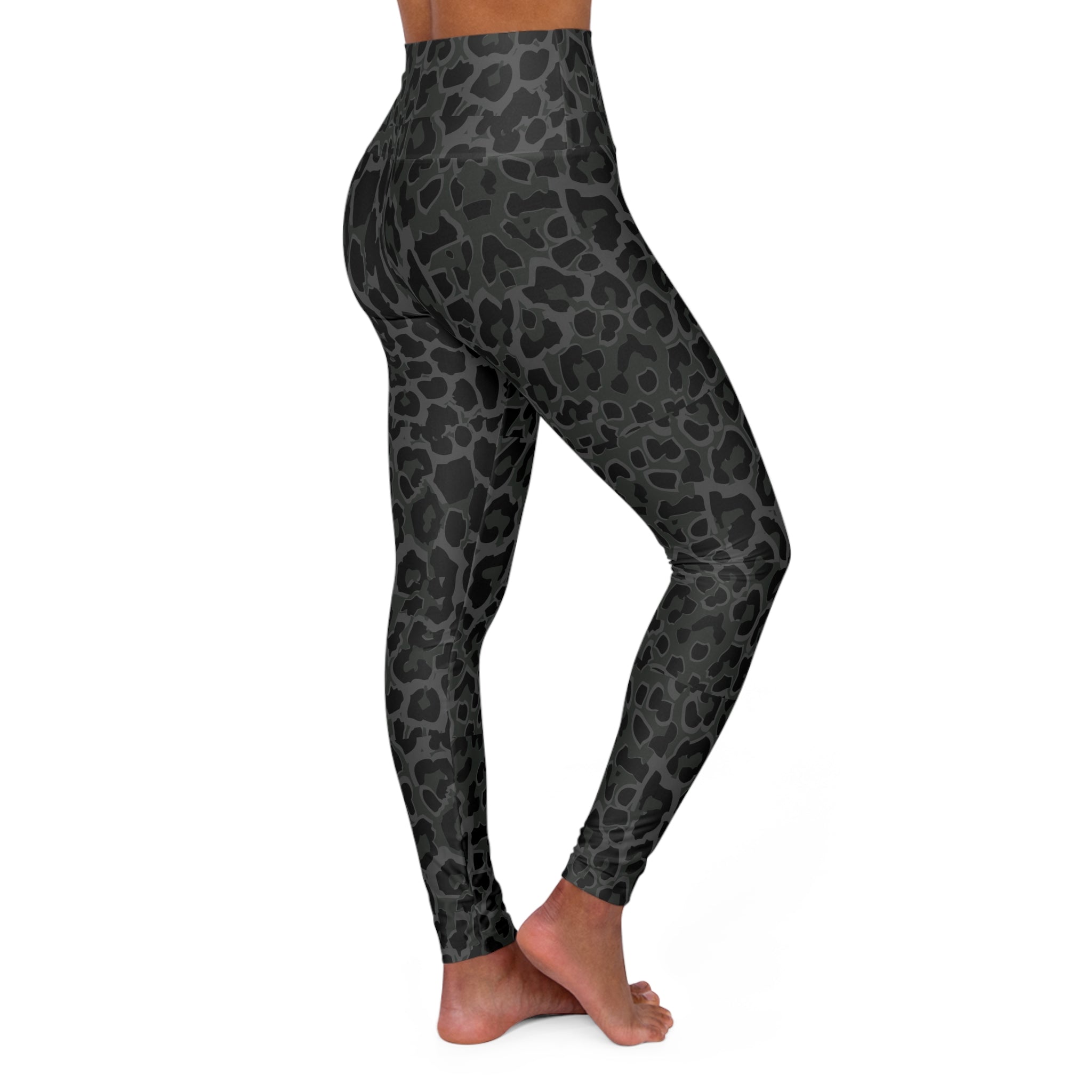 High-Waist Charcoal Leopard Yoga Leggings — All-Over Print