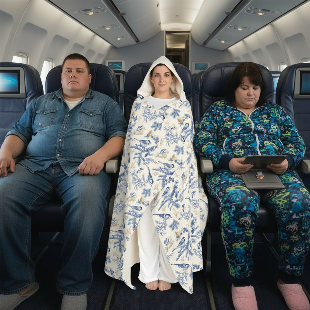 Hooded Travel Sherpa Blanket — Blue Botanical Fleece