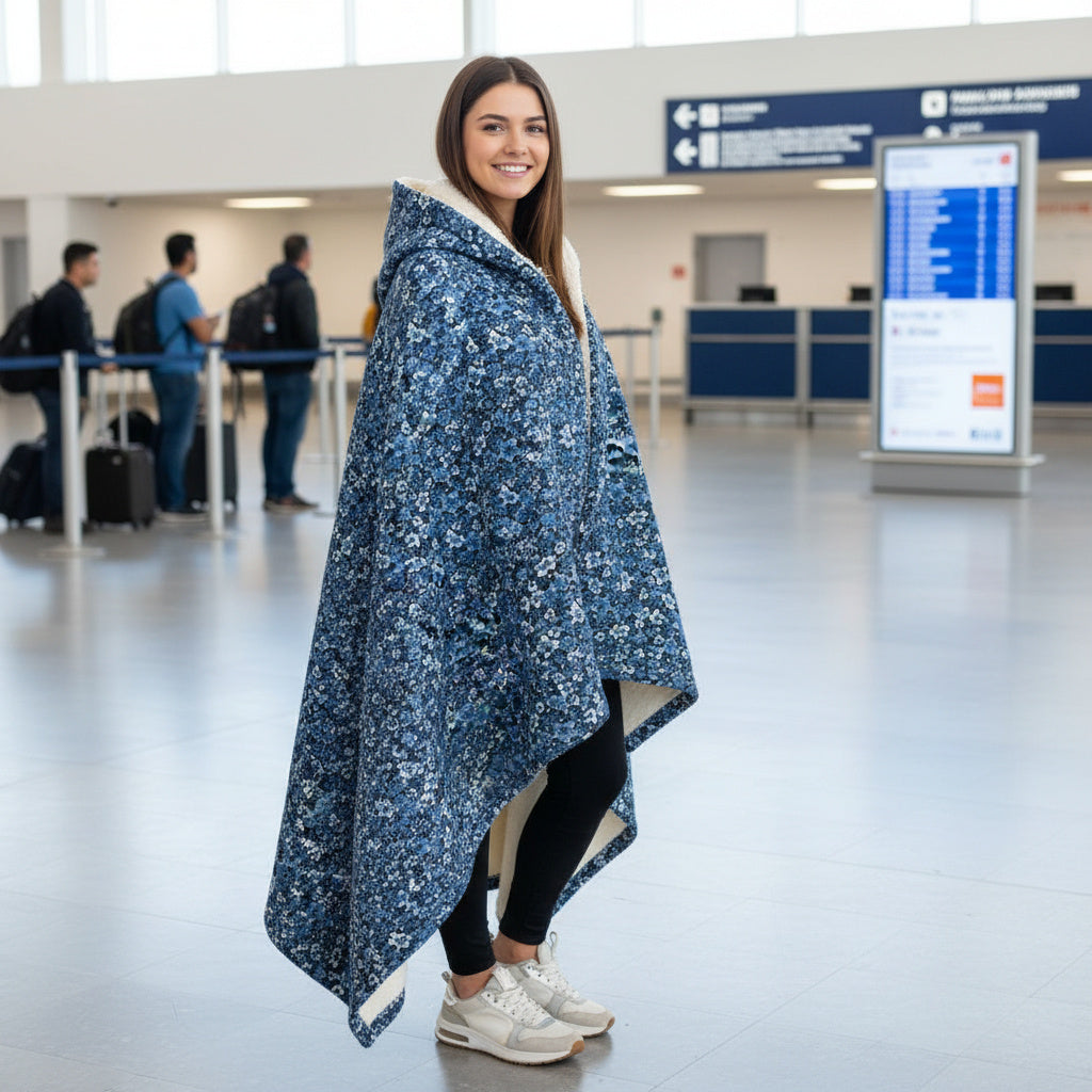 Hooded Sherpa Travel Blanket - Blue Mosaic