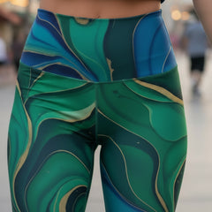 Squat-Proof High-Waisted Leggings-Green Blue Marble Print