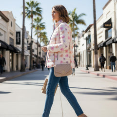 Valentines Heart Pattern Puffer Jacket — Pink Conversation Hearts All-Over Print