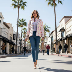 Valentines Heart Pattern Puffer Jacket — Pink Conversation Hearts All-Over Print