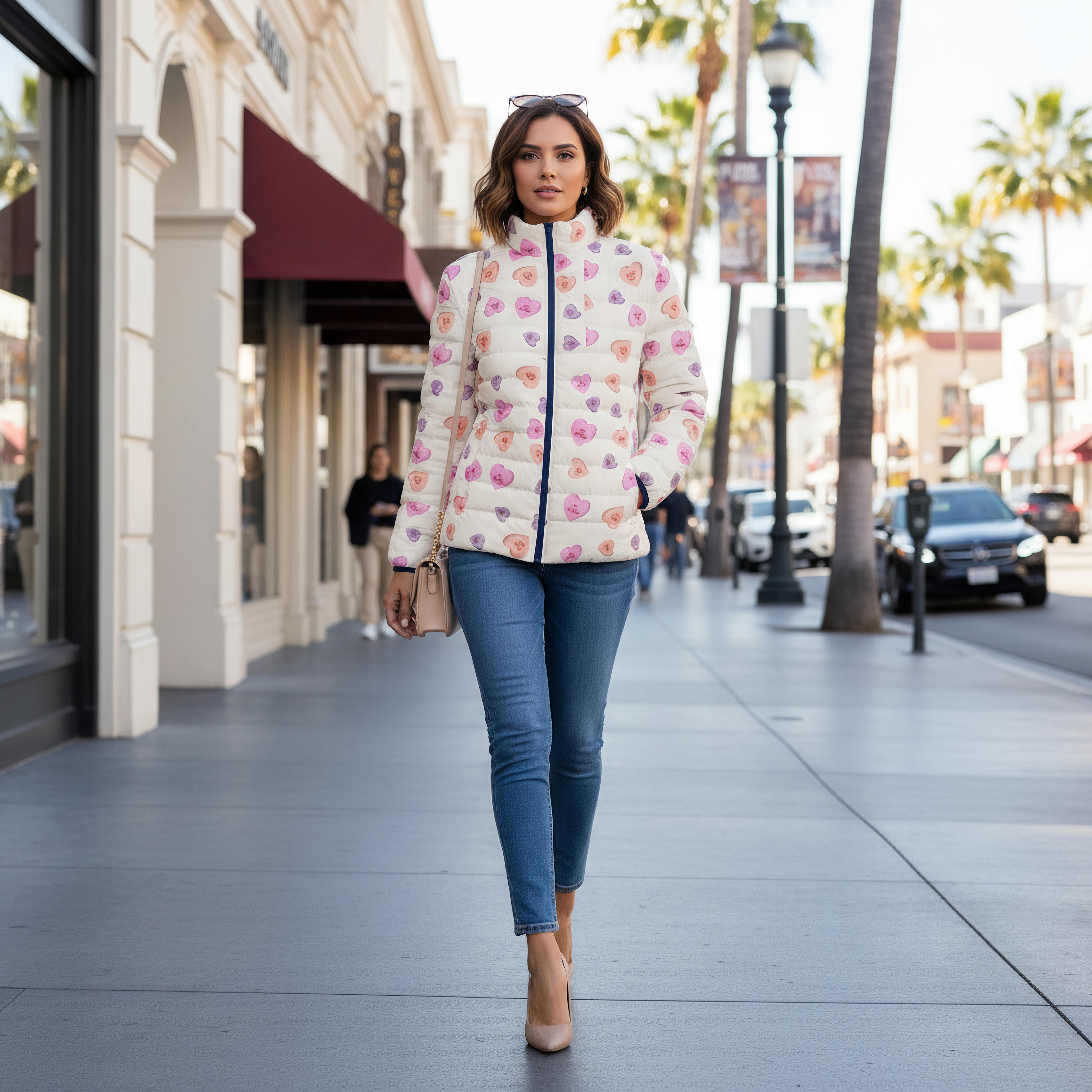 Valentines Heart Pattern Puffer Jacket — Pink Conversation Hearts All-Over Print