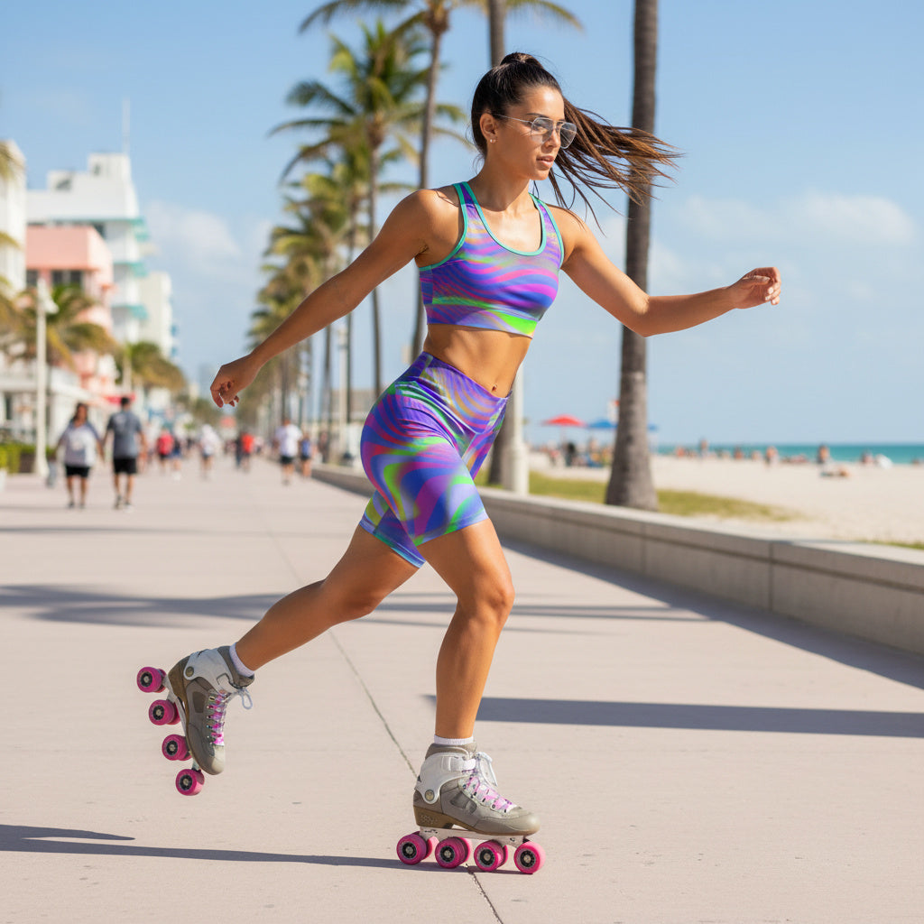 Spiral Wave Biker Shorts — Vibrant Color Abstract Print