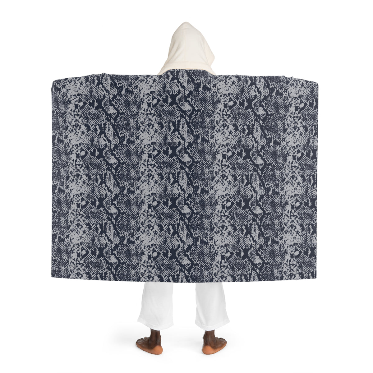 Hooded Sherpa Blanket – Cozy Navy Snake Print Fleece with Hooded Lining
