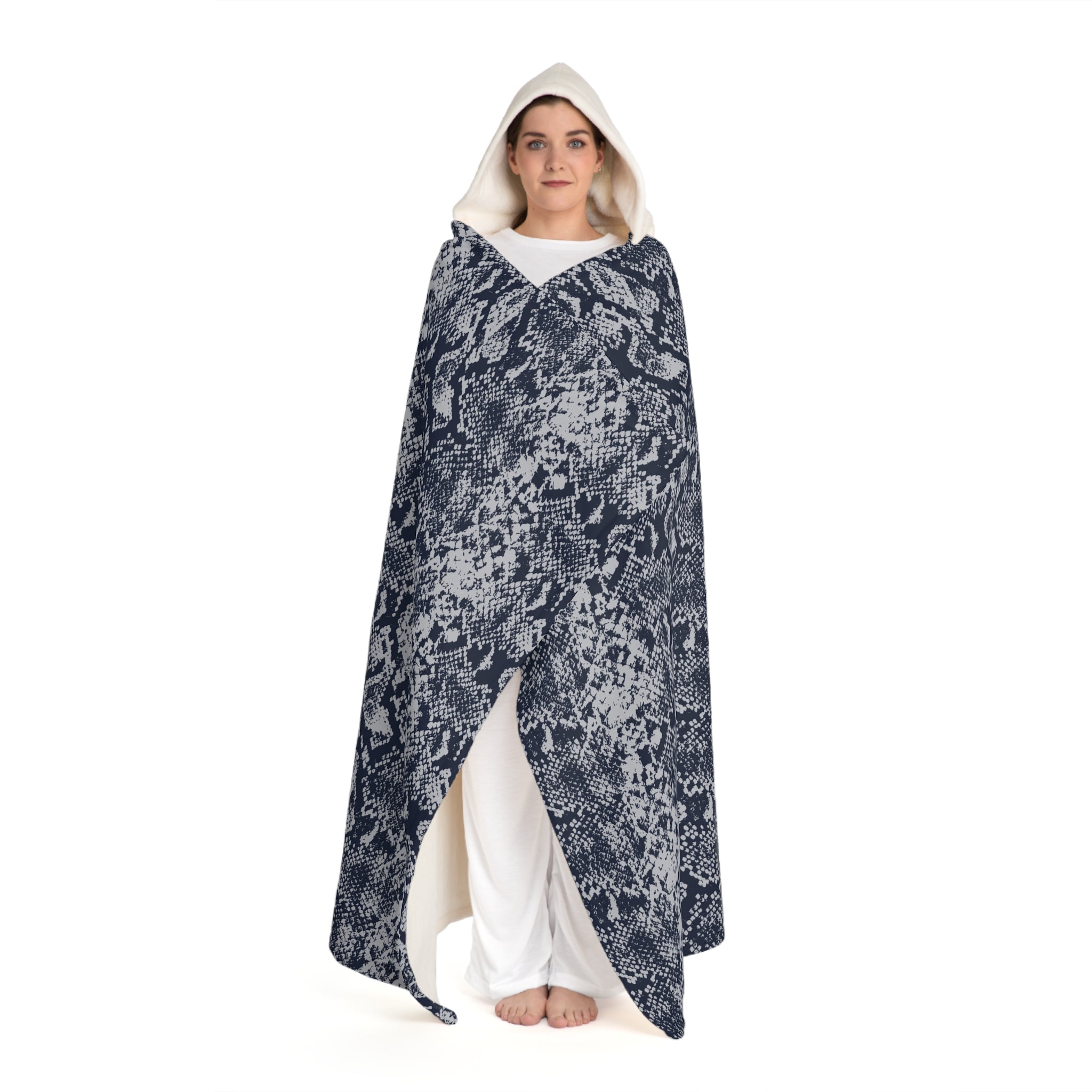 Hooded Sherpa Blanket – Cozy Navy Snake Print Fleece with Hooded Lining