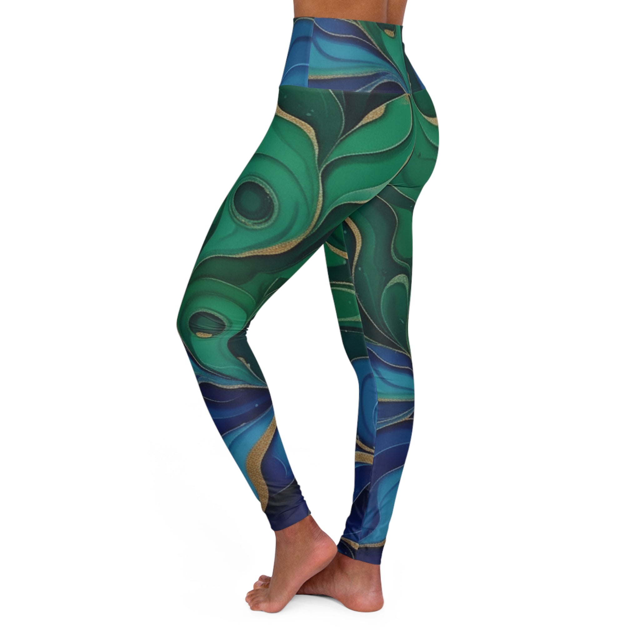 Squat-Proof High-Waisted Leggings-Green Blue Marble Print