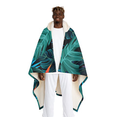 Tropical Leaf Hooded Sherpa Blanket — Cozy Botanical Fleece Throw