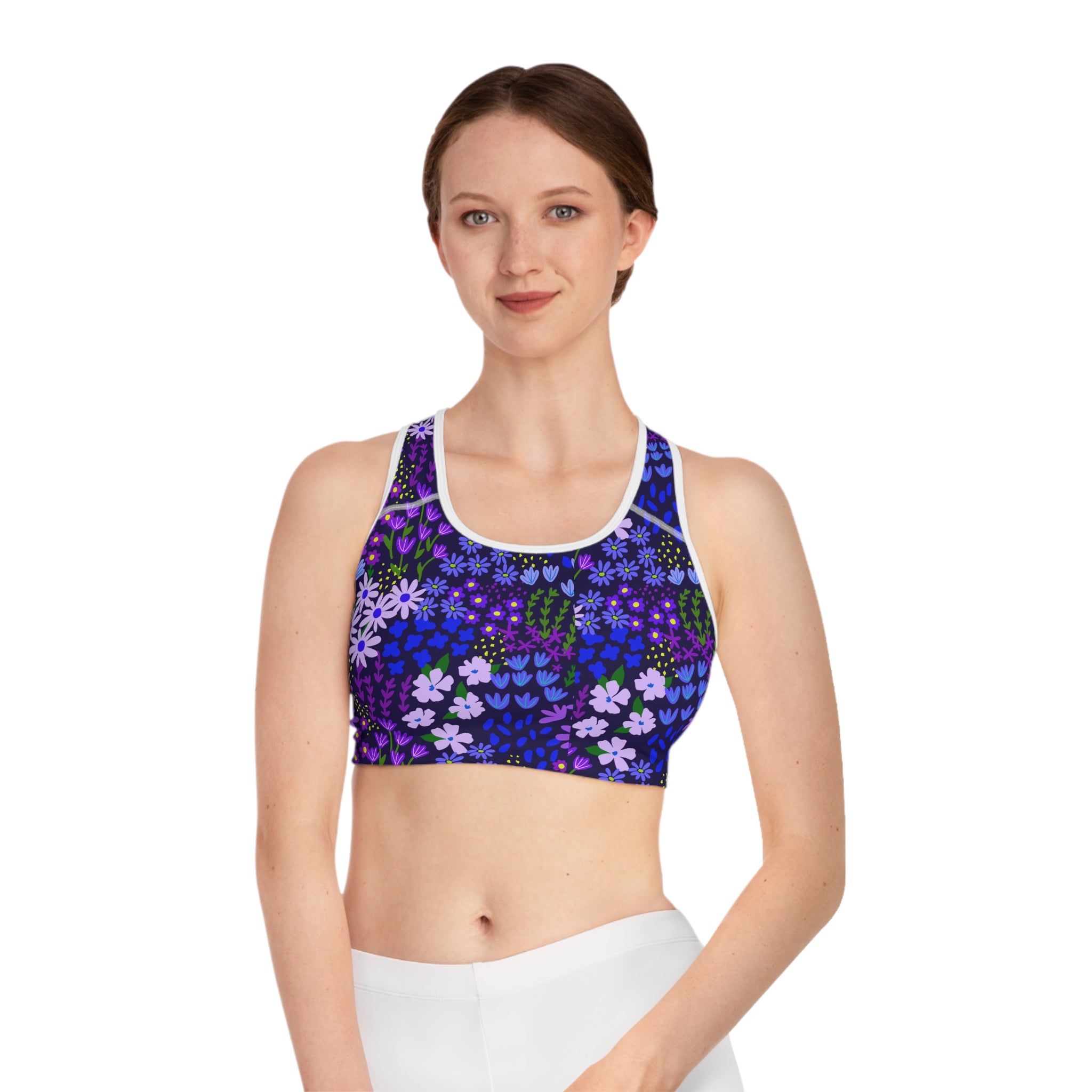 Purple Passion Floral Sports Bra —