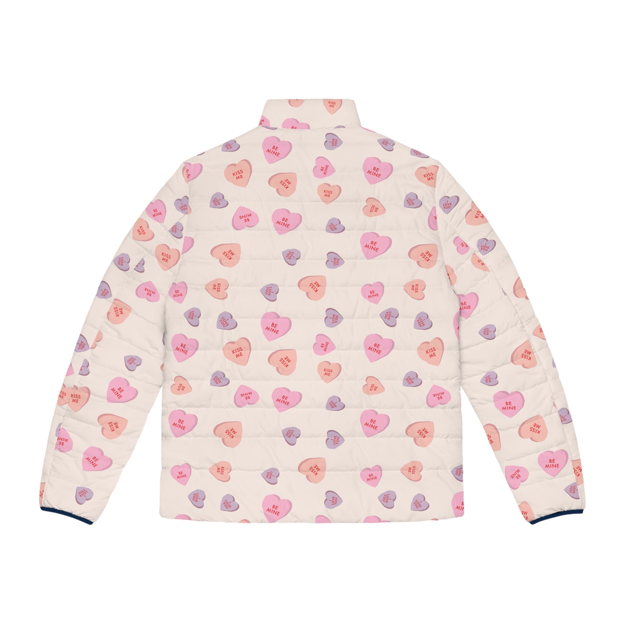 Valentines Heart Pattern Puffer Jacket — Pink Conversation Hearts All-Over Print