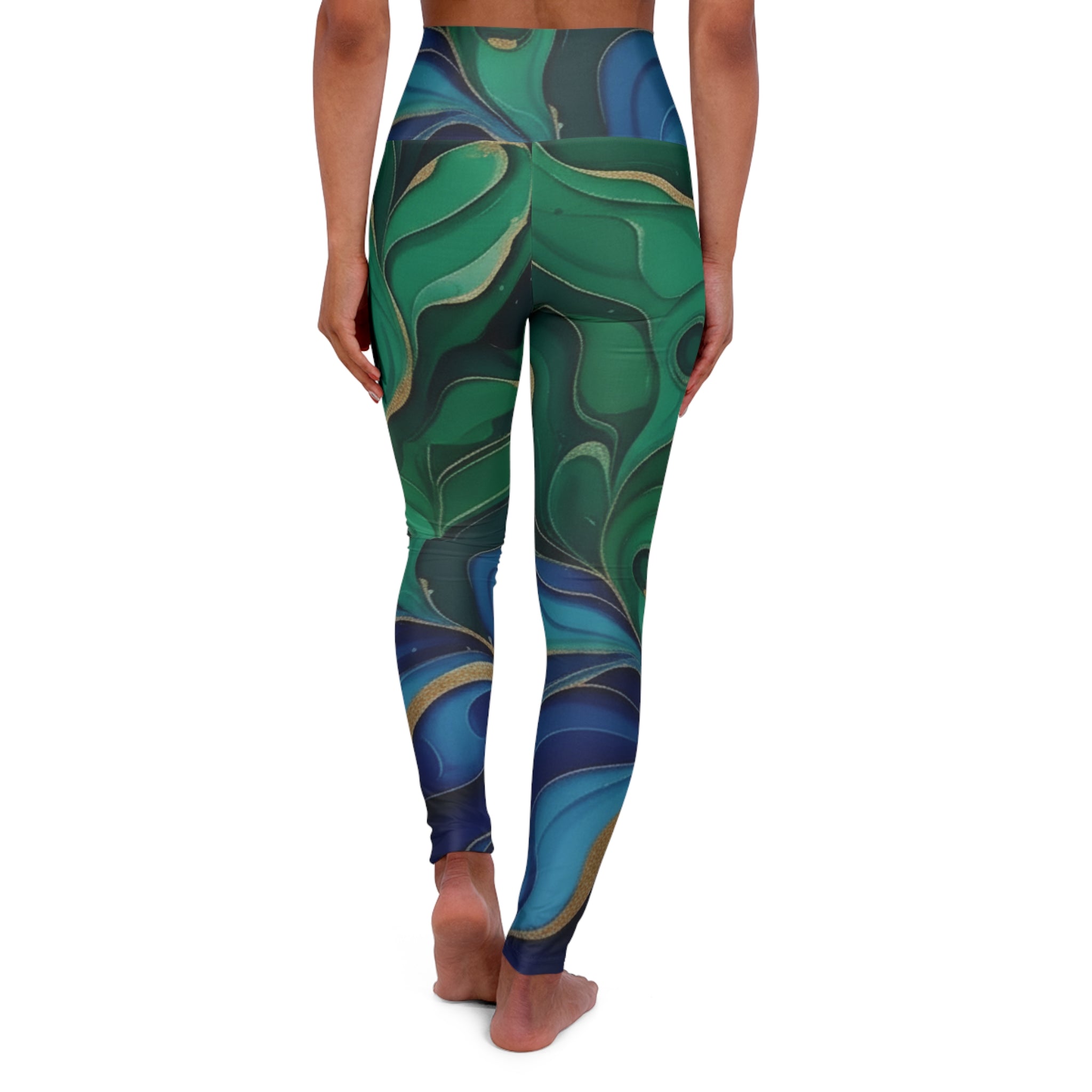 Squat-Proof High-Waisted Leggings-Green Blue Marble Print