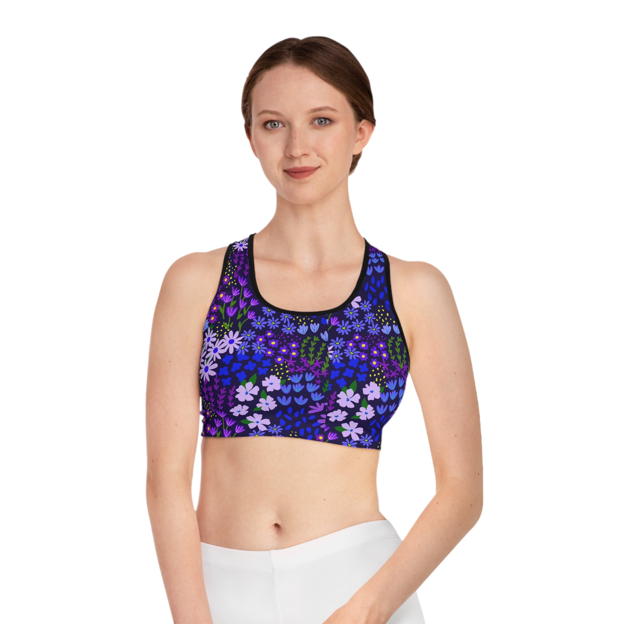 Purple Passion Floral Sports Bra —