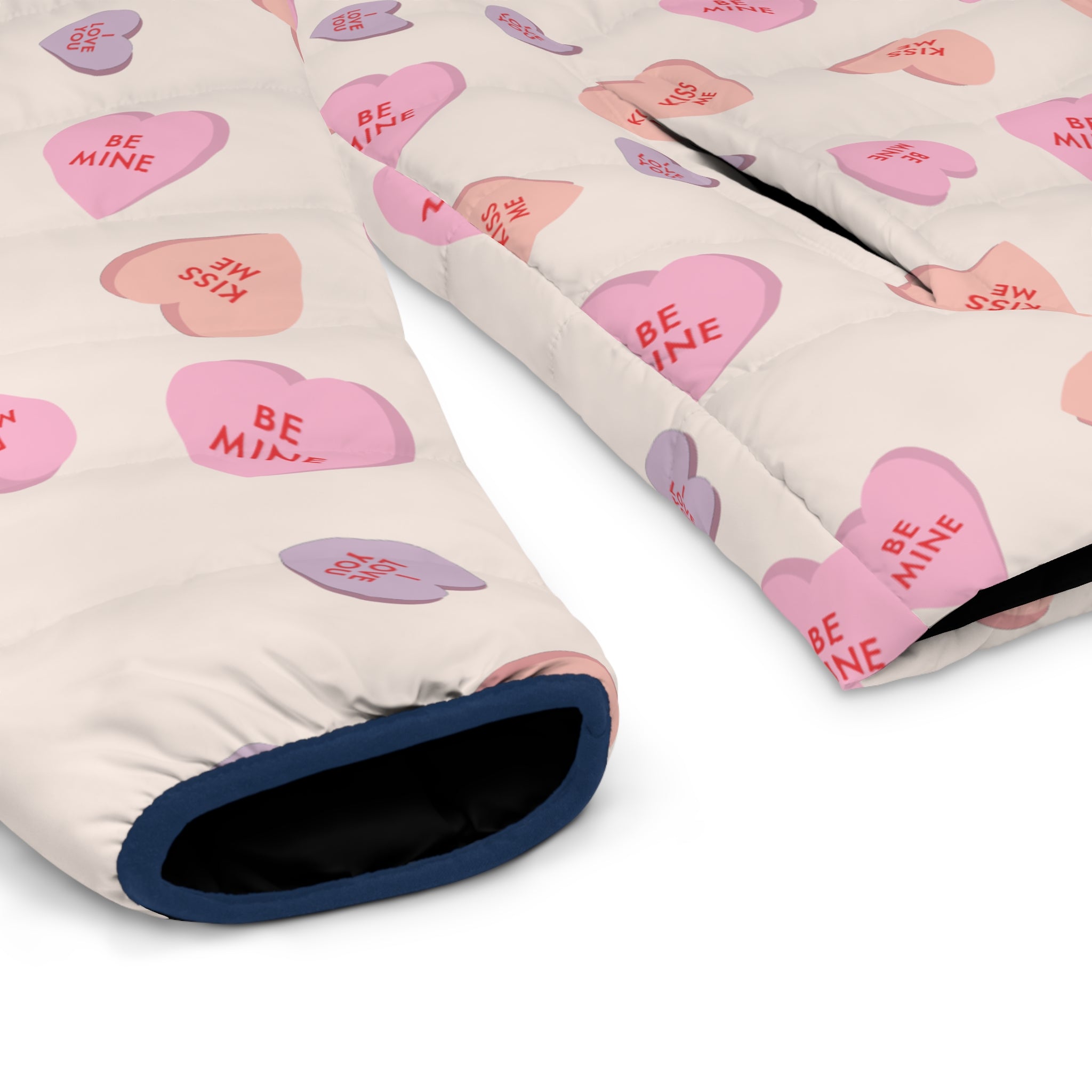 Valentines Heart Pattern Puffer Jacket — Pink Conversation Hearts All-Over Print