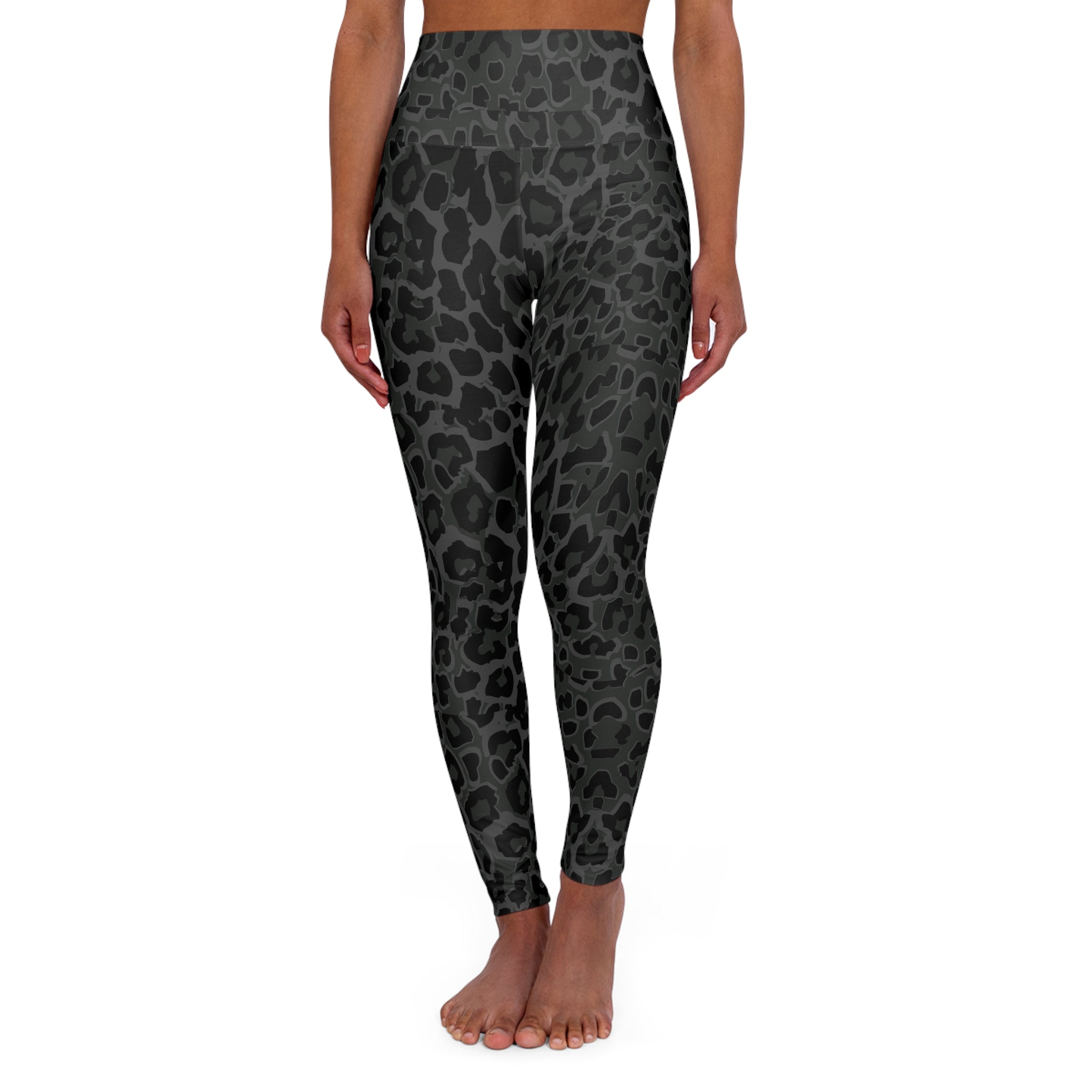 High-Waist Charcoal Leopard Yoga Leggings — All-Over Print